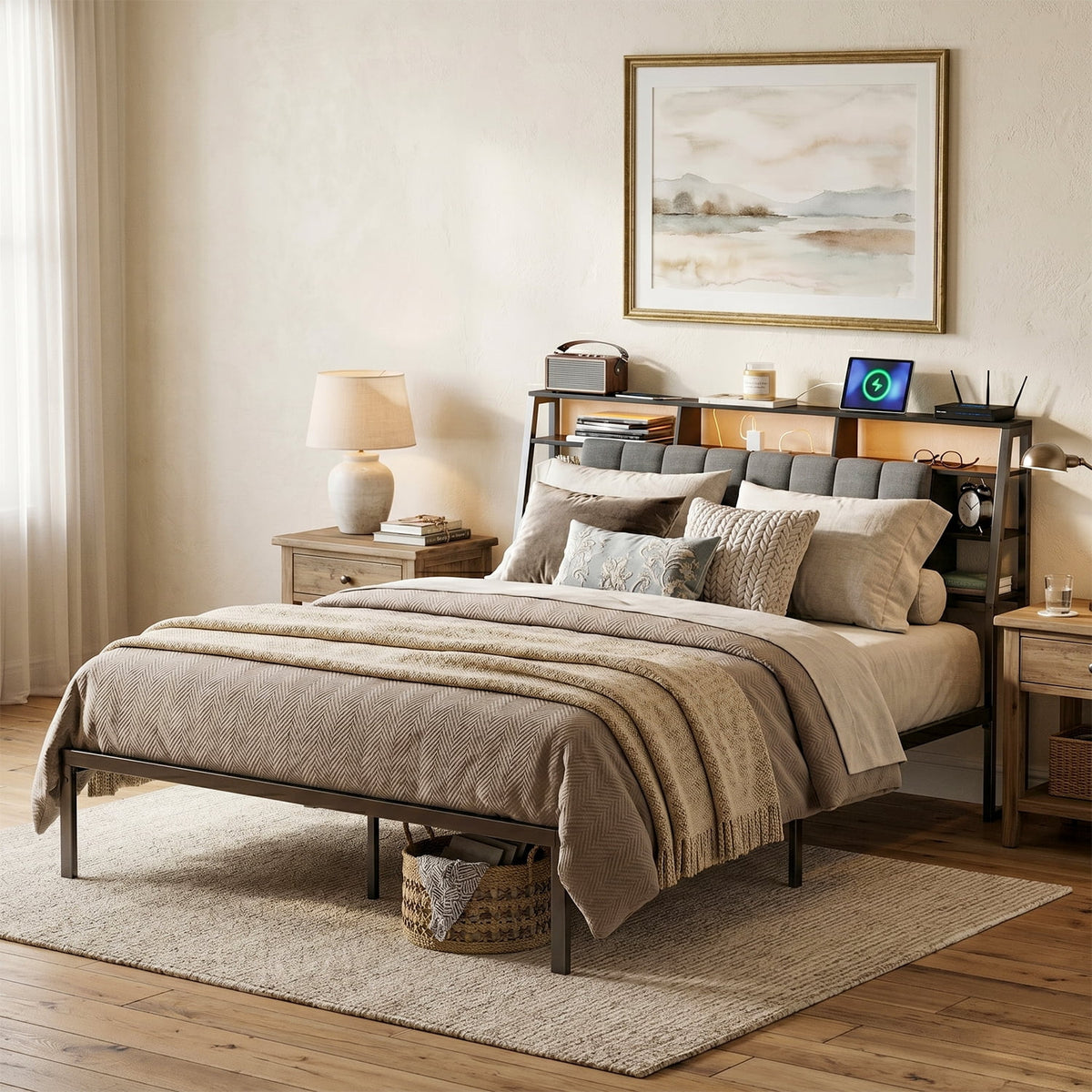 Tulib Queen Bed Frame, Queen Size Platform Bed Frame with Headboard, Underbed Storage and Charging Station, Upholstered Queen Bed Frame, No Box Spring, 800lbs, Easy Assembly