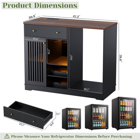 Tulib 47.2" Coffee Bar Cabinet with Fridge Space, Wine Rack, LED Lights and Charging Station, Buffet Sideboard Cabinet, Black