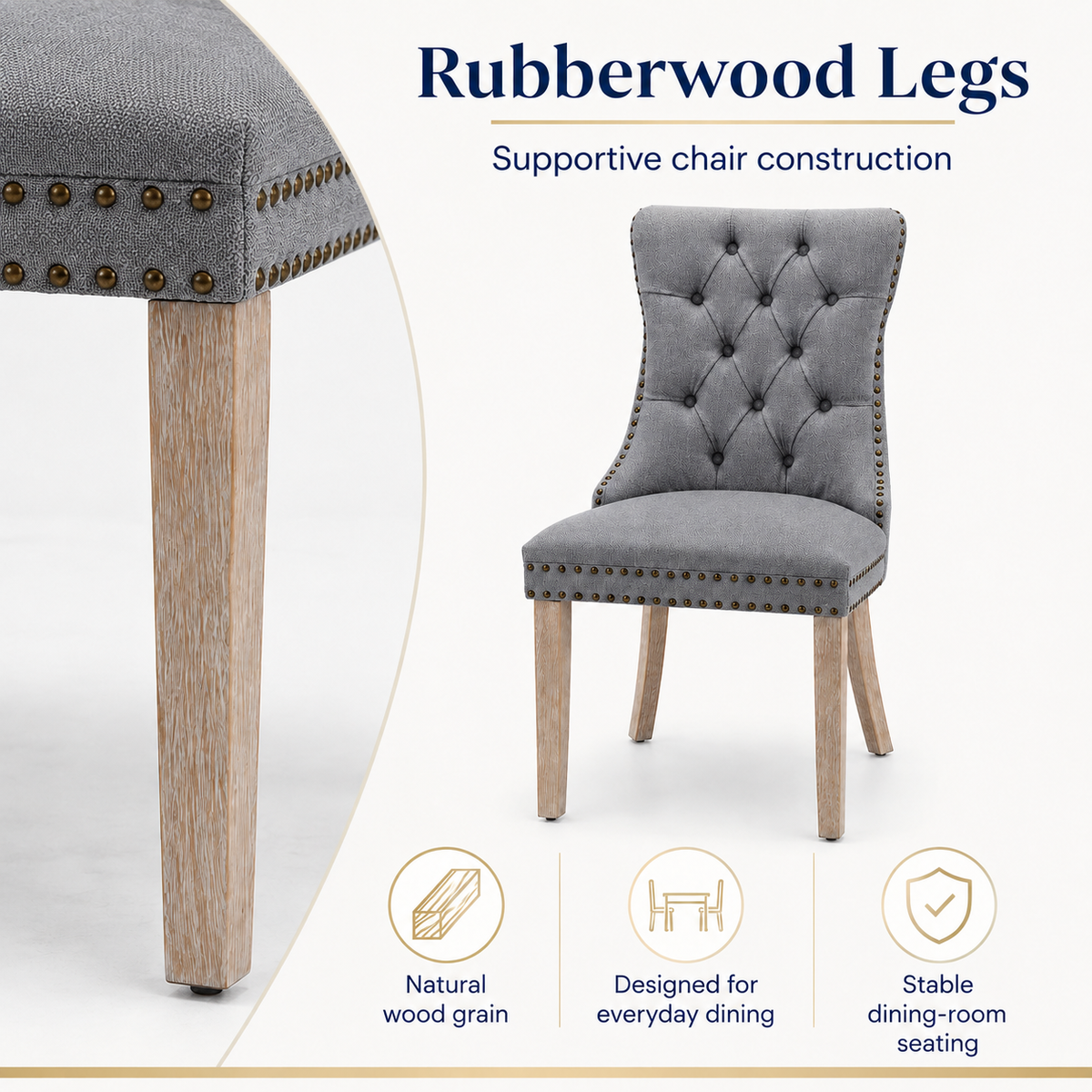 Tulib Upholstered Dining Chairs Set of 2, Tufted Linen Dining Chairs with Nailhead Trim, Foam Padded Dining Room Chairs with Rubberwood Legs, Gray