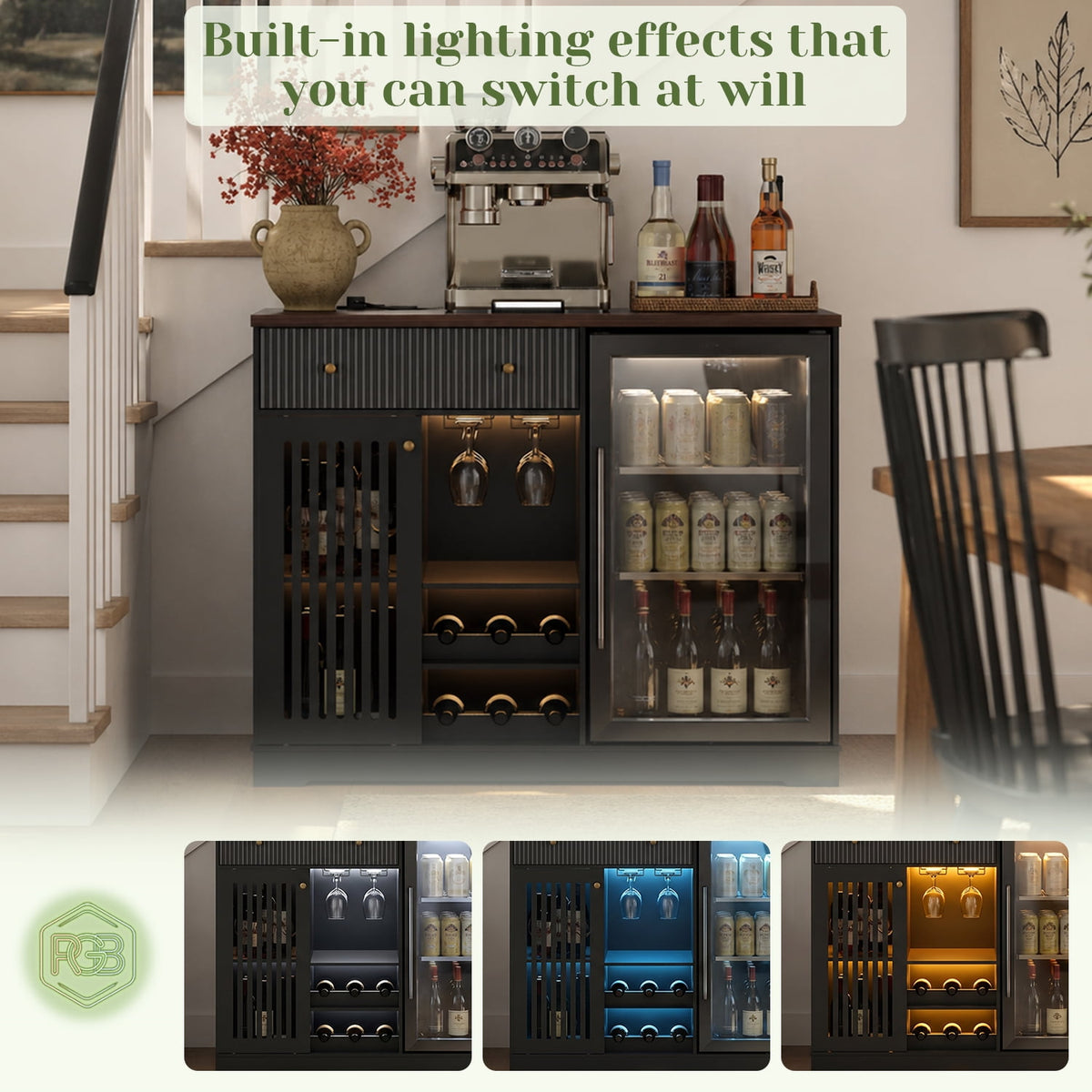 Tulib 47.2" Coffee Bar Cabinet with Fridge Space, Wine Rack, LED Lights and Charging Station, Buffet Sideboard Cabinet, Black