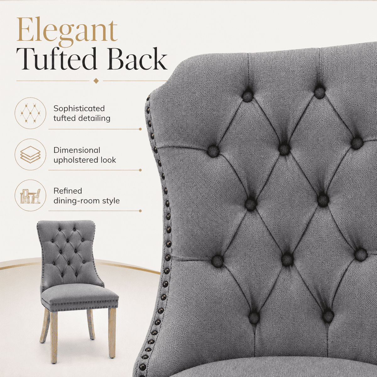 Tulib Upholstered Dining Chairs Set of 2, Tufted Linen Dining Chairs with Nailhead Trim, Foam Padded Dining Room Chairs with Rubberwood Legs, Gray