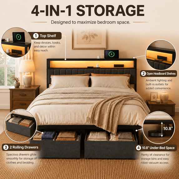 Tulib Queen Size Upholstered Bed Frame with Storage Headboard & Large Drawer, RGB LED Lights, Charging Station, Metal Platform Bed with Under-Bed Storage, No Box Spring Needed, Black