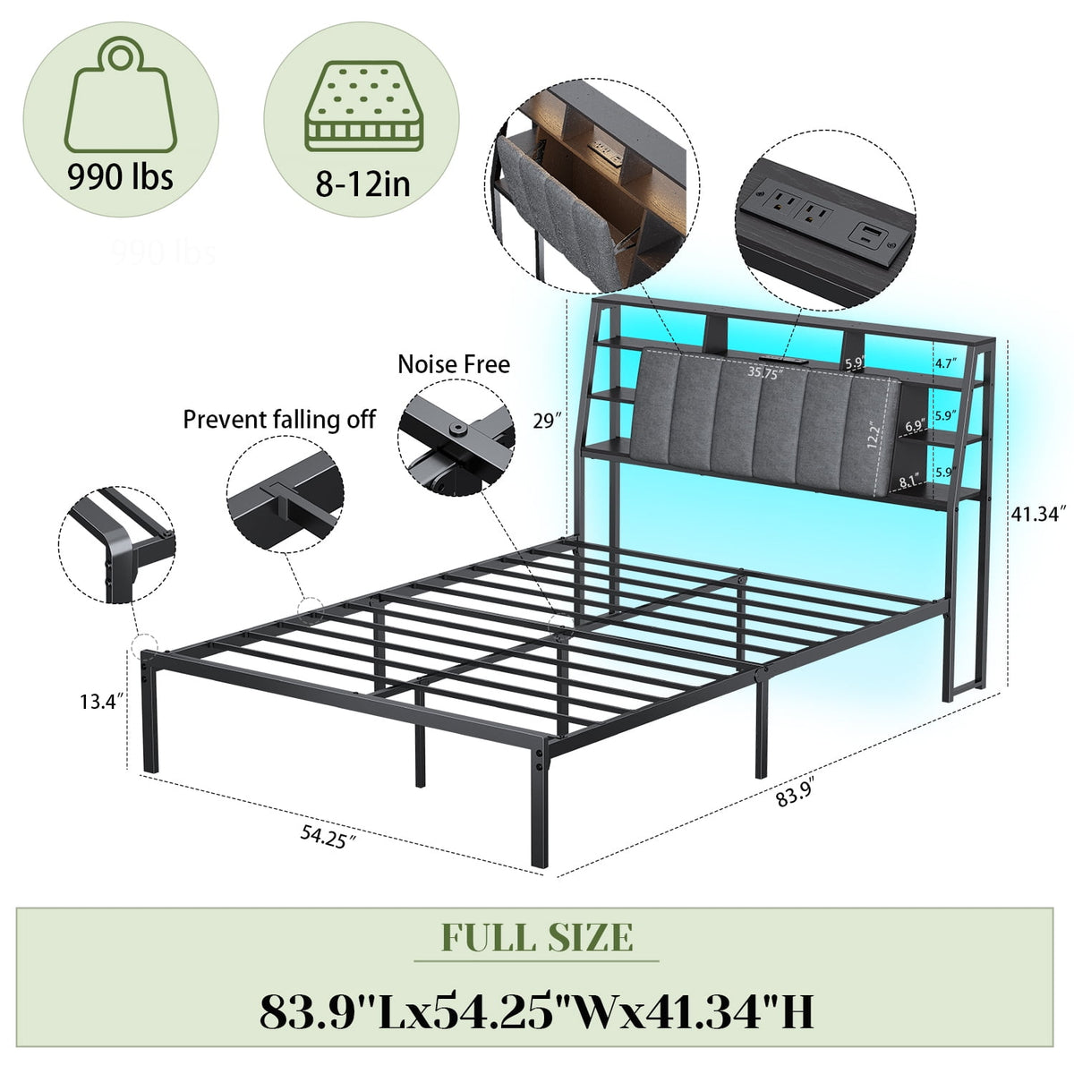 Tulib Full Size Bed Frame with LED Storage Headboard & Charging Station, Upholstered Metal Platform Bed with 9 Storage Compartments, Under-Bed Storage, No Box Spring Needed